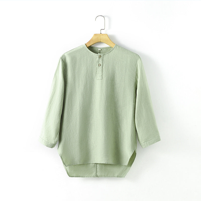 Casual Linen Men's Simple Round Neck 34 Sleeves Linen T-shirt Loose Breathable Top - Sophinity