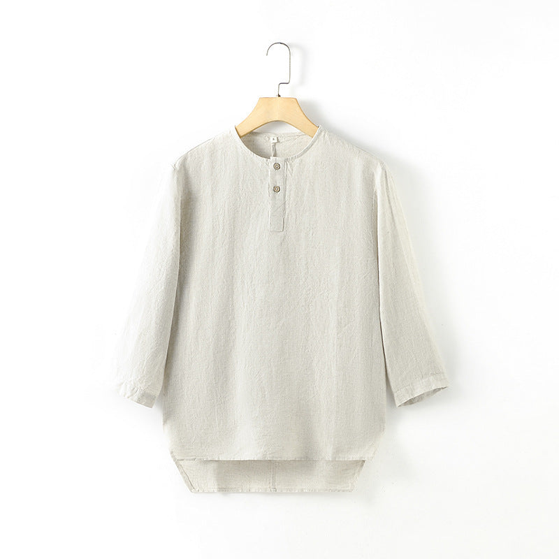 Casual Linen Men's Simple Round Neck 34 Sleeves Linen T-shirt Loose Breathable Top - Sophinity