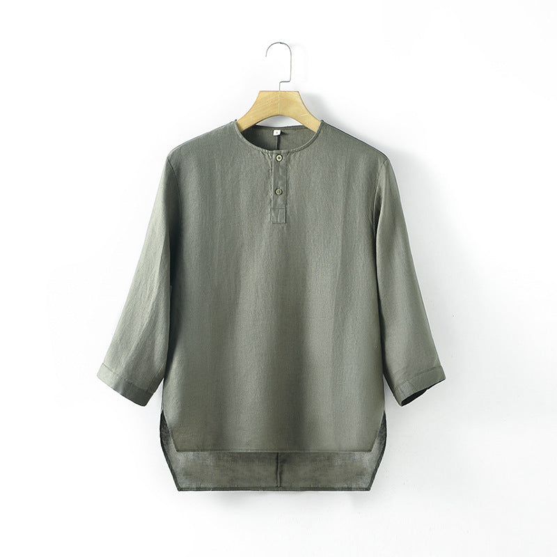 Casual Linen Men's Simple Round Neck 34 Sleeves Linen T-shirt Loose Breathable Top - Sophinity