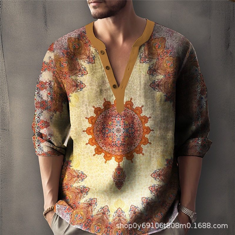 Printed Casual V-neck Men's Loose Jacquard Sweater Long Sleeve