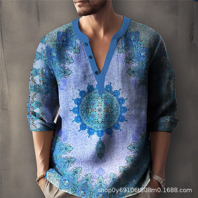 Printed Casual V-neck Men's Loose Jacquard Sweater Long Sleeve