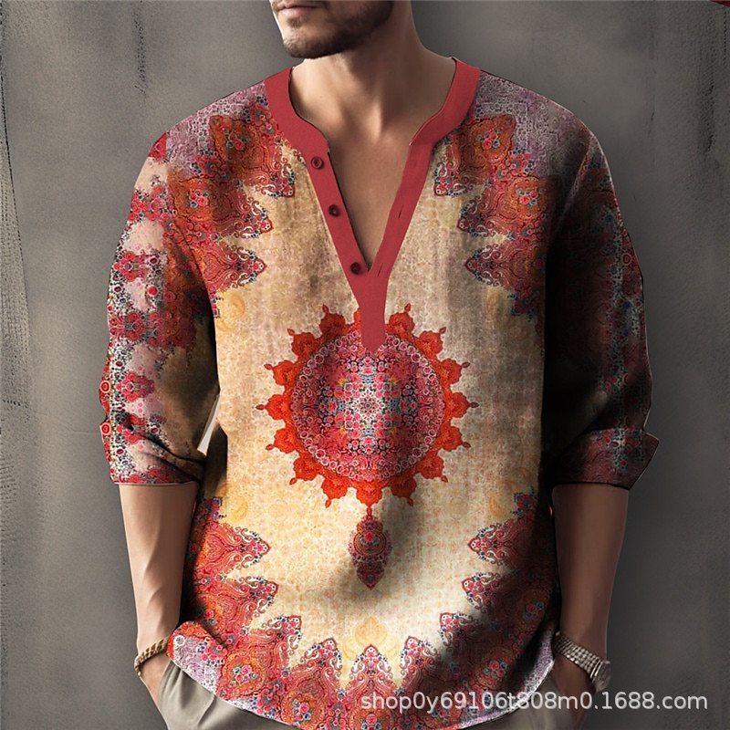 Printed Casual V-neck Men's Loose Jacquard Sweater Long Sleeve