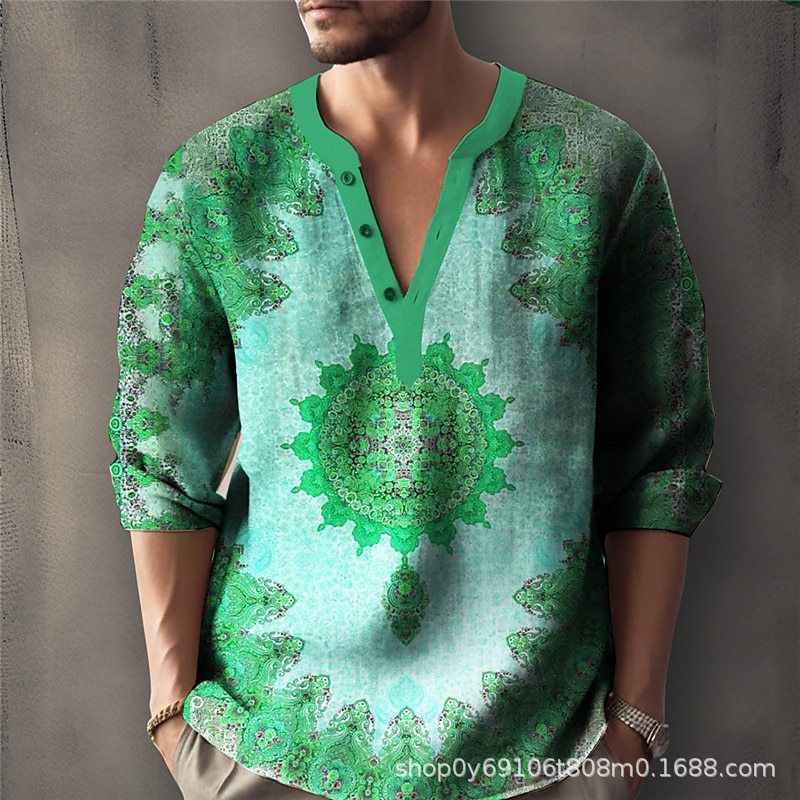 Printed Casual V-neck Men's Loose Jacquard Sweater Long Sleeve