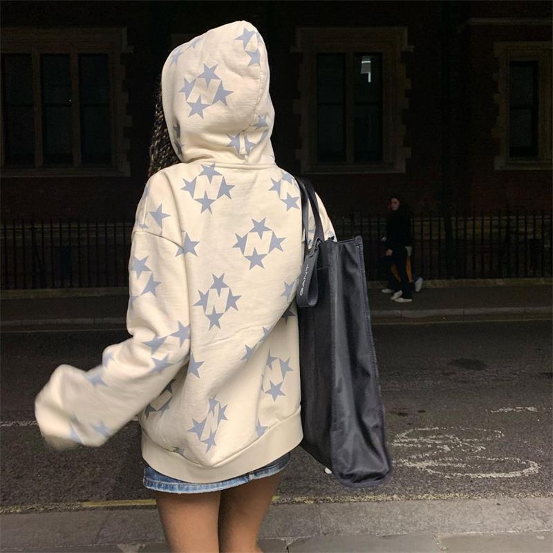 Stars Printed Zipper Hooded Cardigan Couple Fashion Outerwear Hoodies Sweatshirt Street Men Women Coat - Sophinity