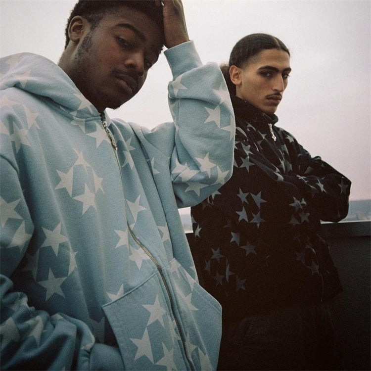 Stars Printed Zipper Hooded Cardigan Couple Fashion Outerwear Hoodies Sweatshirt Street Men Women Coat - Sophinity