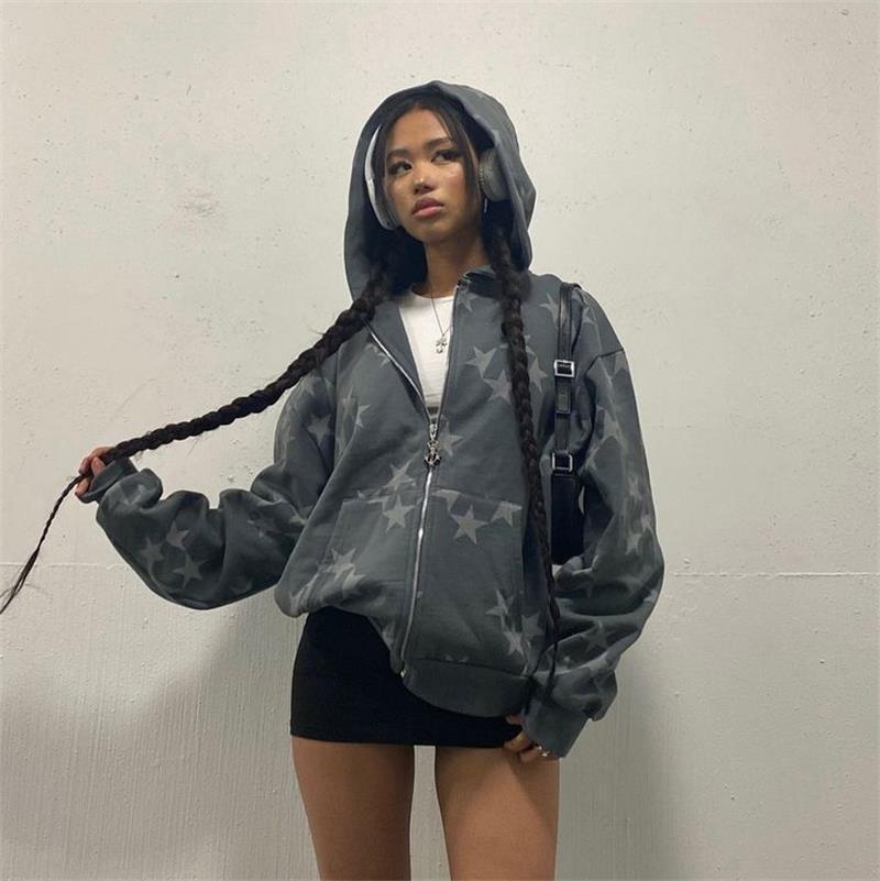 Stars Printed Zipper Hooded Cardigan Couple Fashion Outerwear Hoodies Sweatshirt Street Men Women Coat - Sophinity