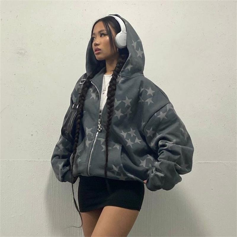Stars Printed Zipper Hooded Cardigan Couple Fashion Outerwear Hoodies Sweatshirt Street Men Women Coat - Sophinity