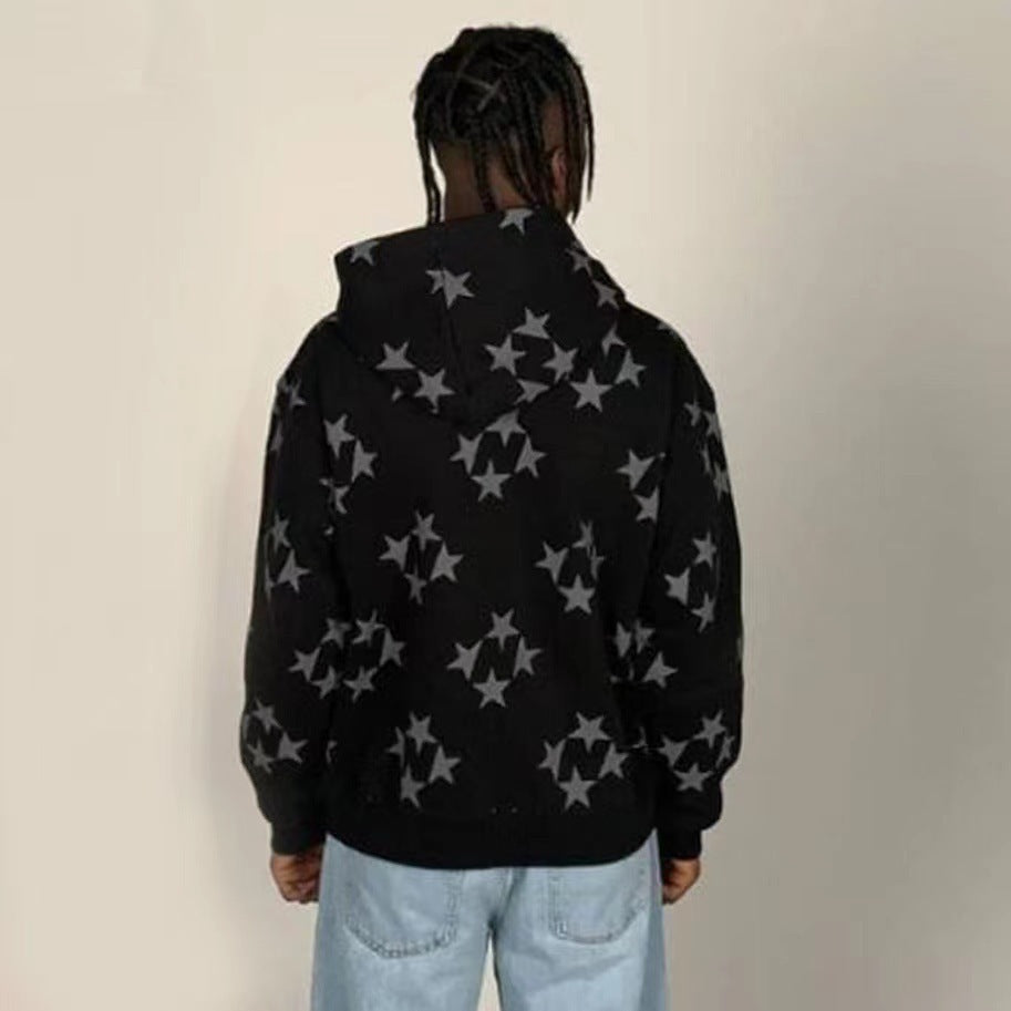 Stars Printed Zipper Hooded Cardigan Couple Fashion Outerwear Hoodies Sweatshirt Street Men Women Coat - Sophinity