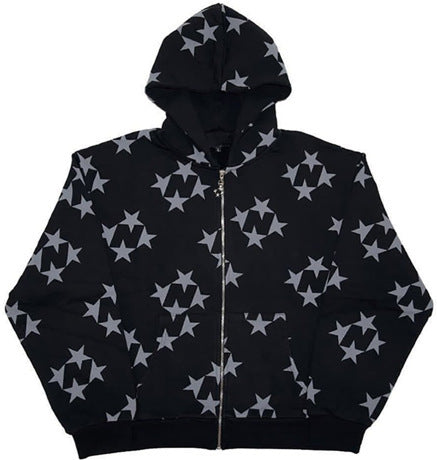 Stars Printed Zipper Hooded Cardigan Couple Fashion Outerwear Hoodies Sweatshirt Street Men Women Coat - Sophinity