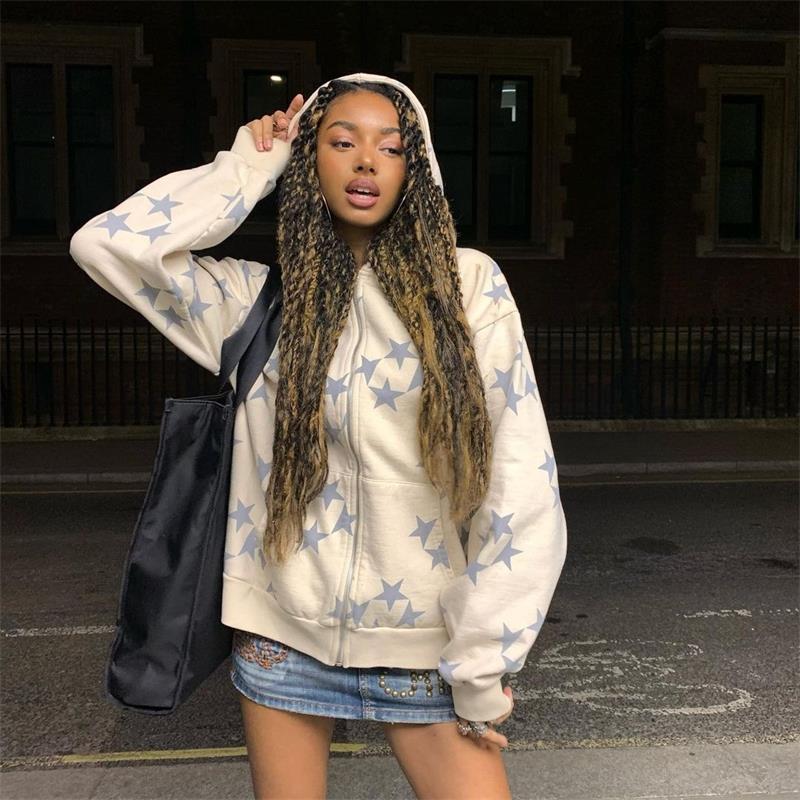 Stars Printed Zipper Hooded Cardigan Couple Fashion Outerwear Hoodies Sweatshirt Street Men Women Coat - Sophinity