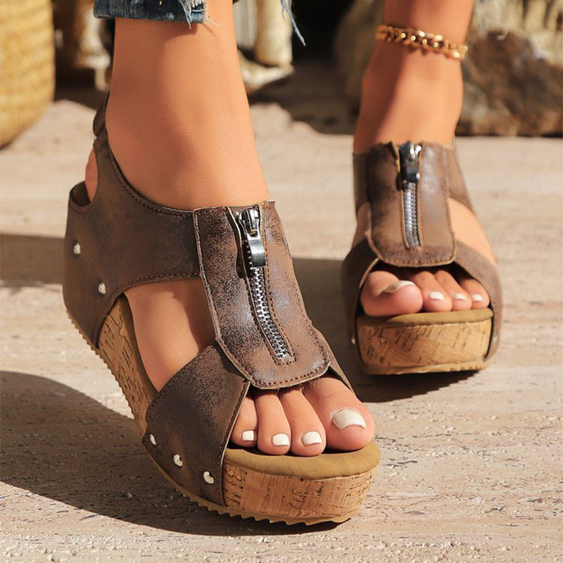 Summer Zipper Wedges Sandals Women's Lightweight Height Increasing Shoes Fashion Casual Sandals - Sophinity