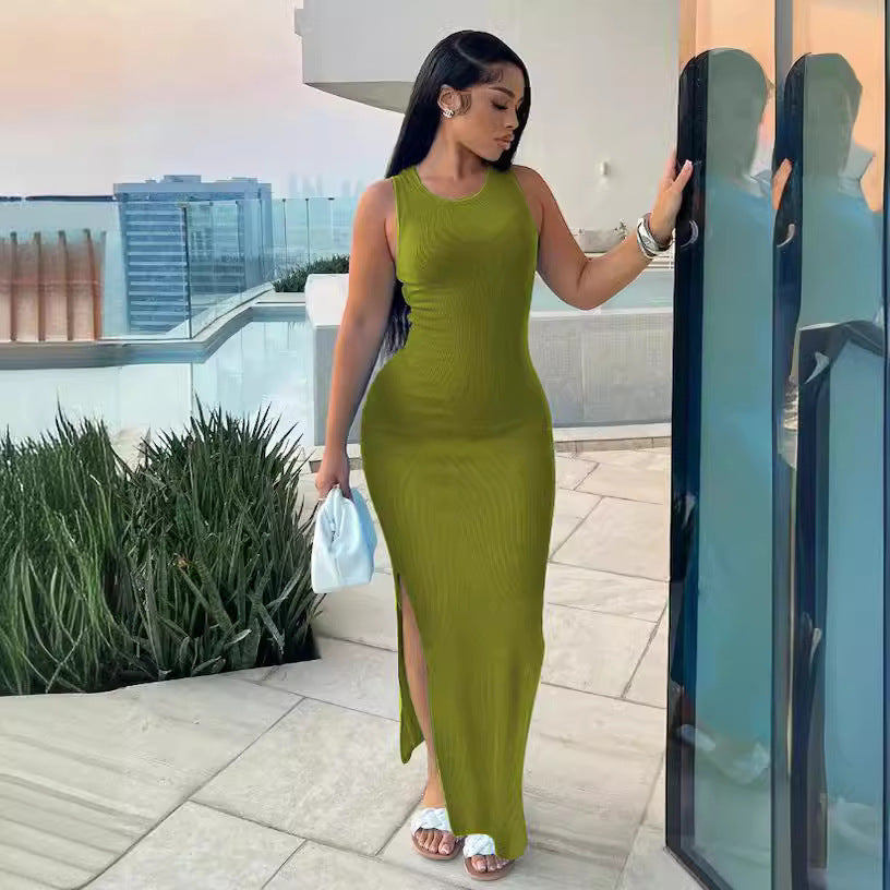 Commute Style Sleeveless Round-neck High Waist Dress - Sophinity