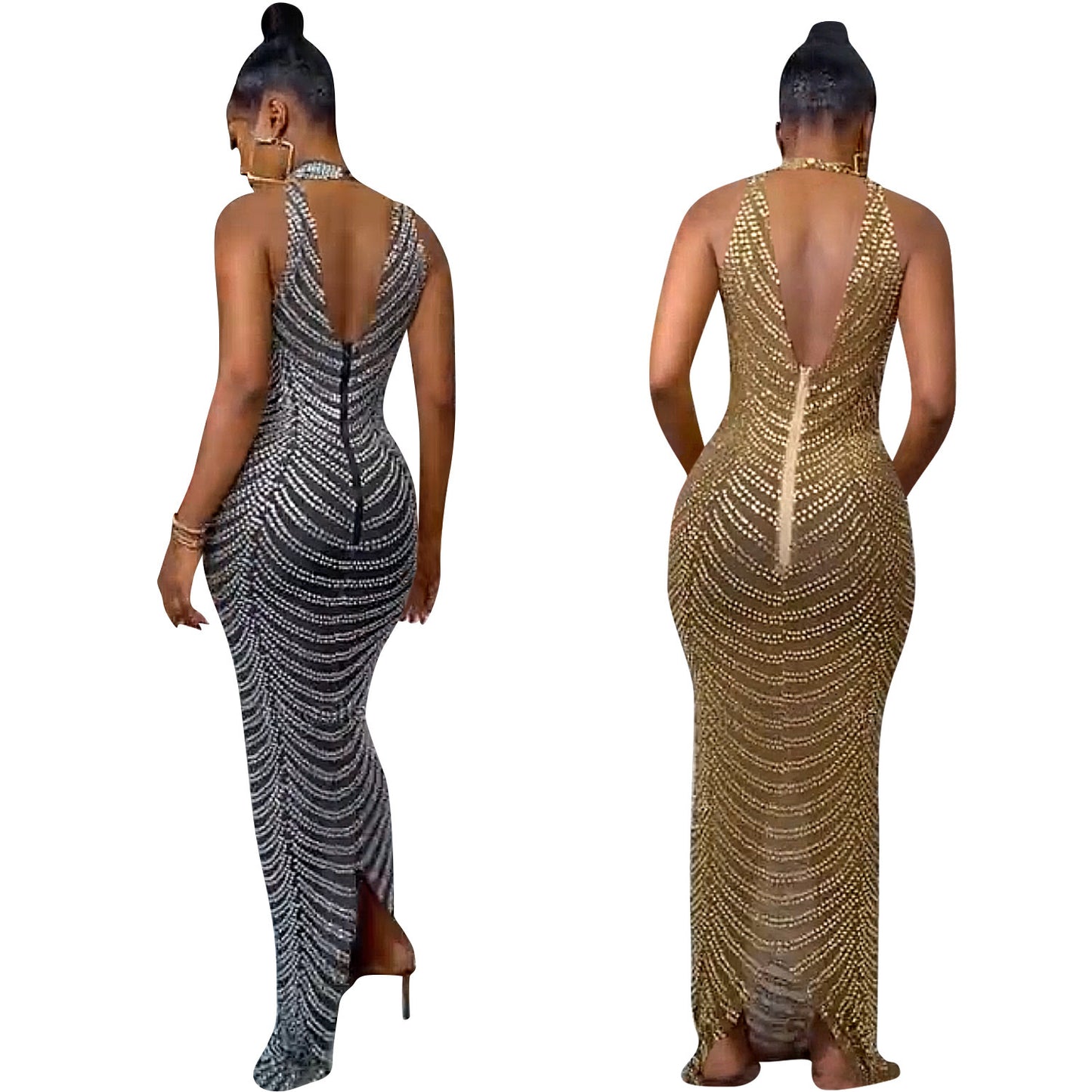 European And American Fashion Backless Nightclub Party Formal Dress Rhinestone See-through Dress For Women - Sophinity