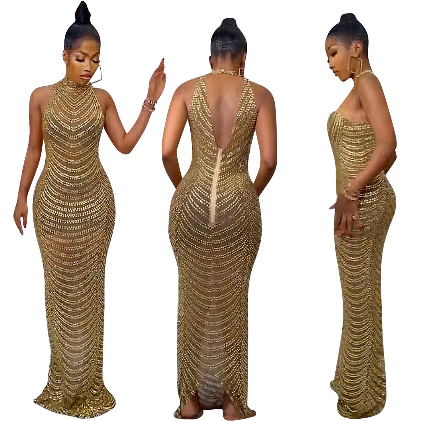 European And American Fashion Backless Nightclub Party Formal Dress Rhinestone See-through Dress For Women - Sophinity