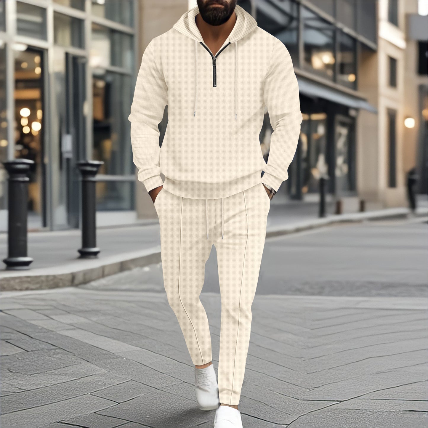 Waffle Hooded Small Zipper Casual Long Sleeve Pants Two-piece Suit - Sophinity