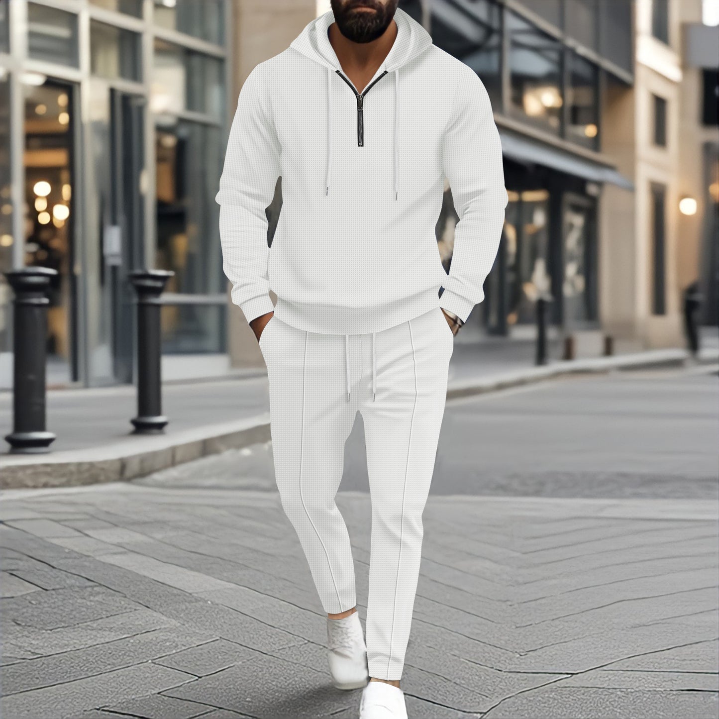 Waffle Hooded Small Zipper Casual Long Sleeve Pants Two-piece Suit - Sophinity