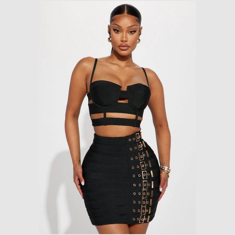 Spaghetti-strap Camisole Top Belt Buckle Miniskirt Fashion Hot Midriff Outfit Suit