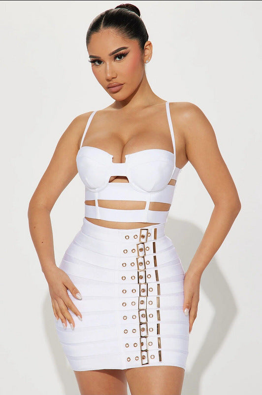 Spaghetti-strap Camisole Top Belt Buckle Miniskirt Fashion Hot Midriff Outfit Suit