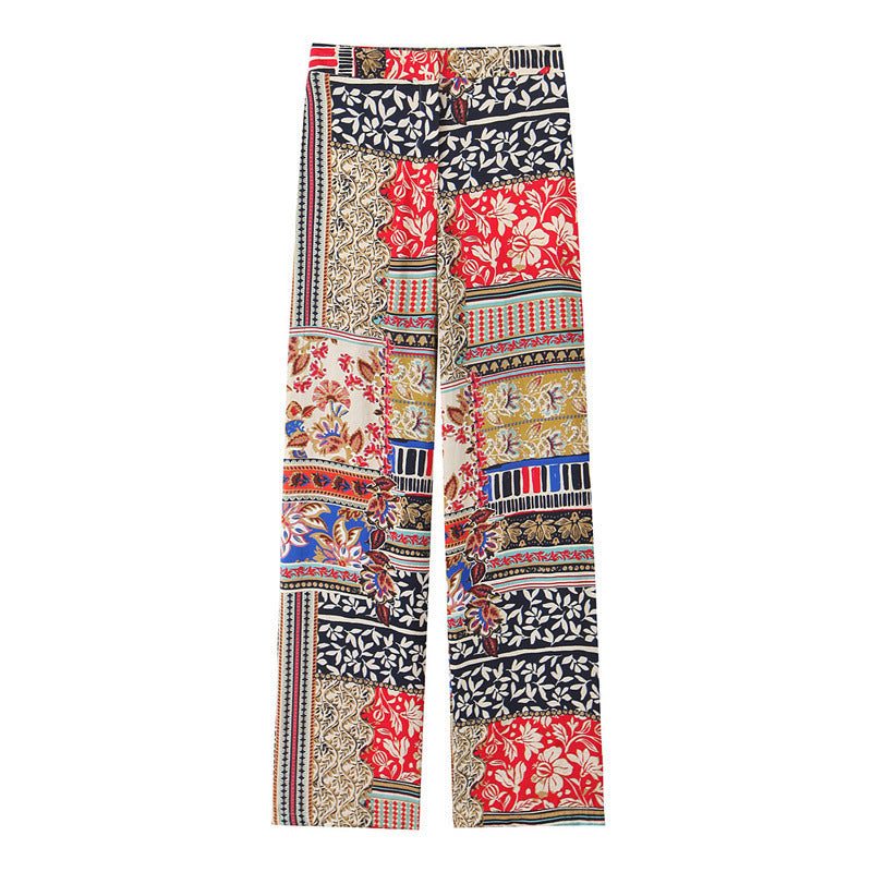 Patchwork Wide Leg Pants Printed Blouse Midi Skirt Dress