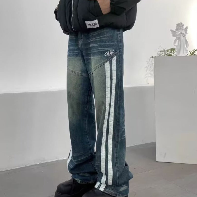 New Jeans Retro Distressed Three Bars Straight Men - Sophinity
