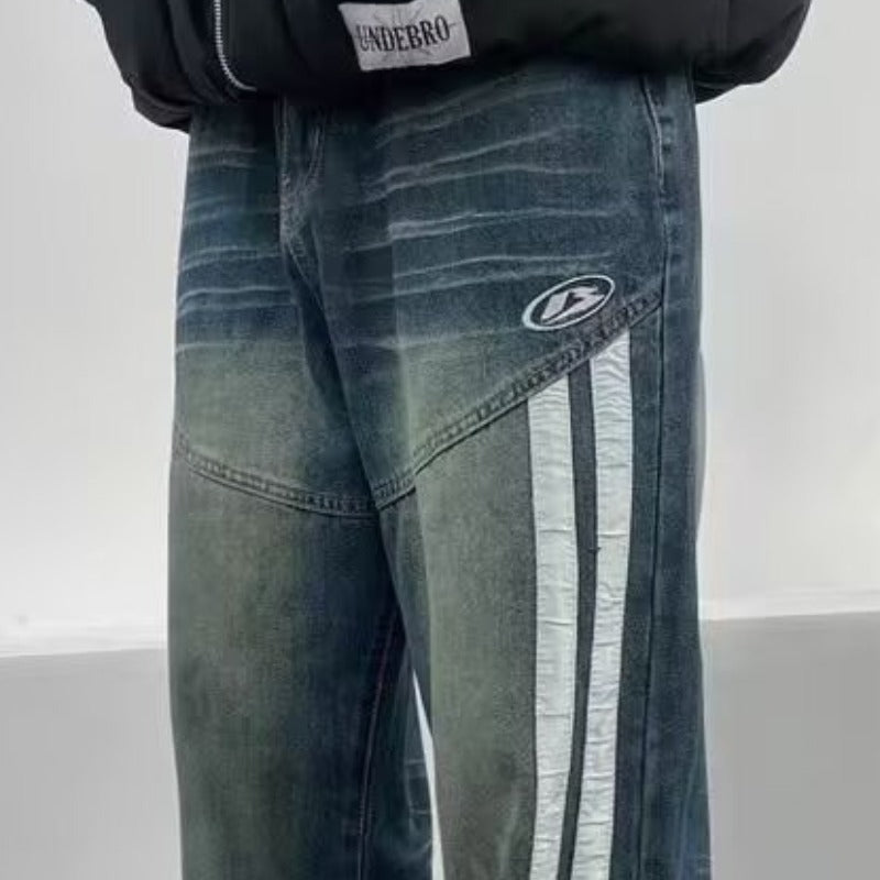 New Jeans Retro Distressed Three Bars Straight Men - Sophinity