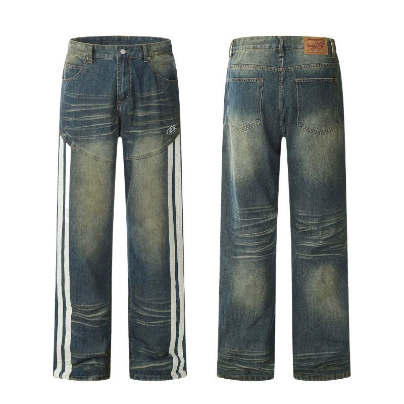 New Jeans Retro Distressed Three Bars Straight Men - Sophinity