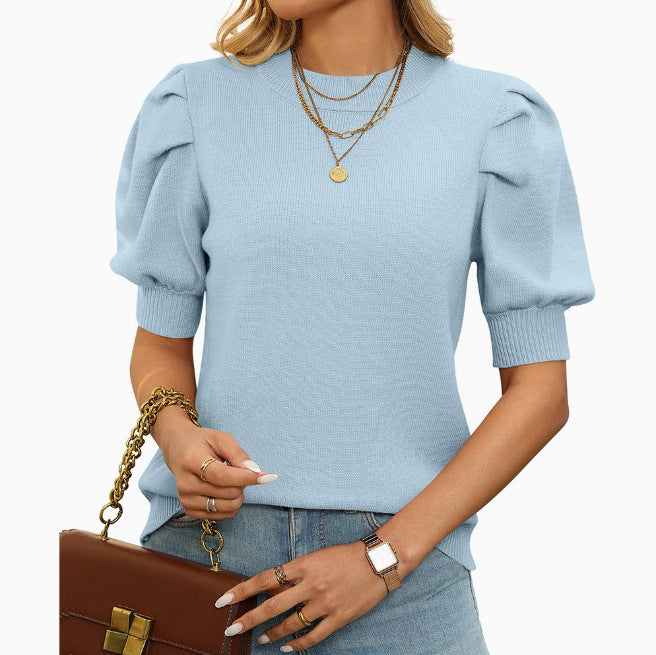 Half Turtleneck Lantern Sleeve Sweater Short Sleeve Pleated Sweater