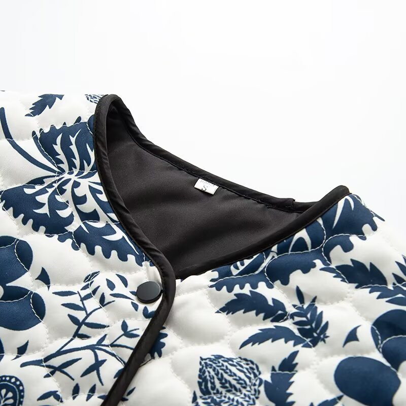 Printed Round Neck Cotton-padded Jacket Long Sleeve Short Jacket - Sophinity