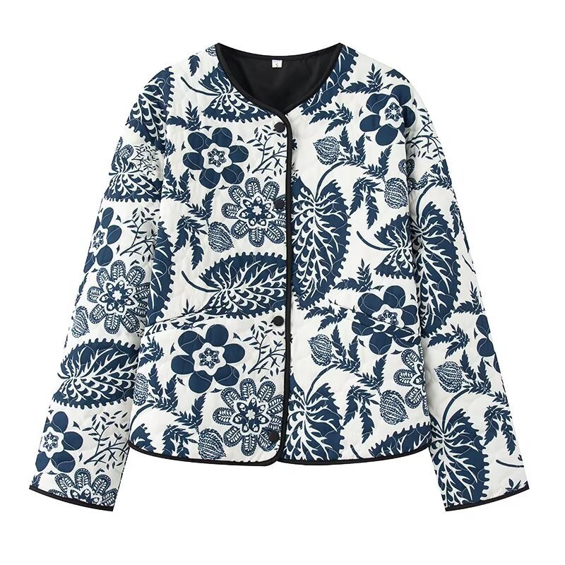 Printed Round Neck Cotton-padded Jacket Long Sleeve Short Jacket - Sophinity