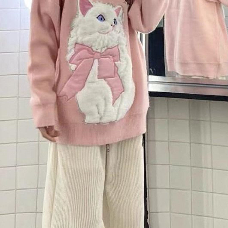 Autumn And Winter Thickening Sweater Dopamine Wear Salt Cute Flocking Cat Design Sweet Girl Style