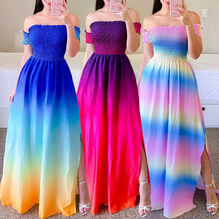 Off-shoulder Printed Butterfly Rainbow Dress - Sophinity