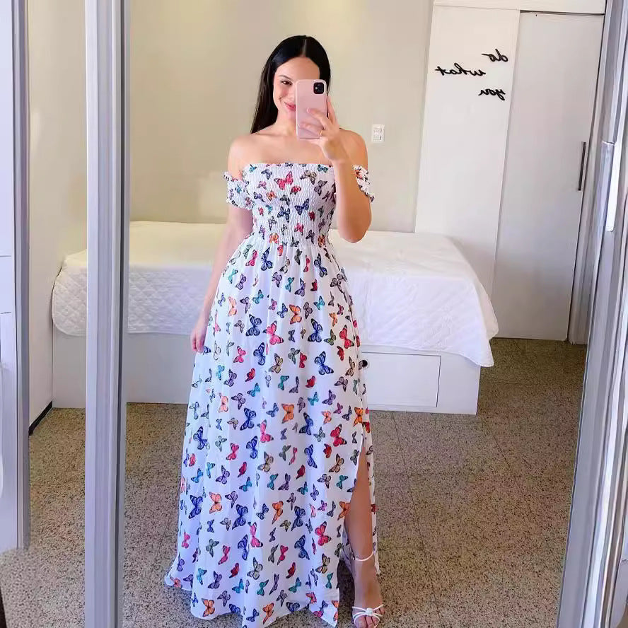 Off-shoulder Printed Butterfly Rainbow Dress - Sophinity
