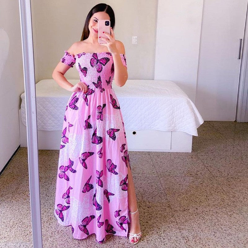 Off-shoulder Printed Butterfly Rainbow Dress - Sophinity