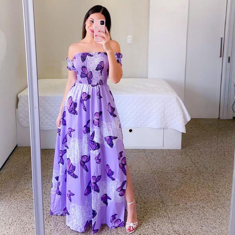 Off-shoulder Printed Butterfly Rainbow Dress - Sophinity