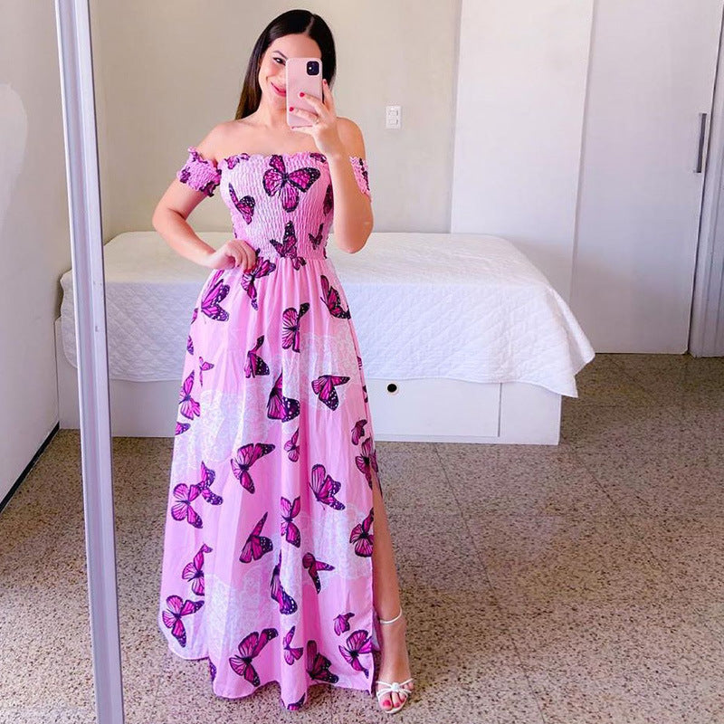 Off-shoulder Printed Butterfly Rainbow Dress - Sophinity