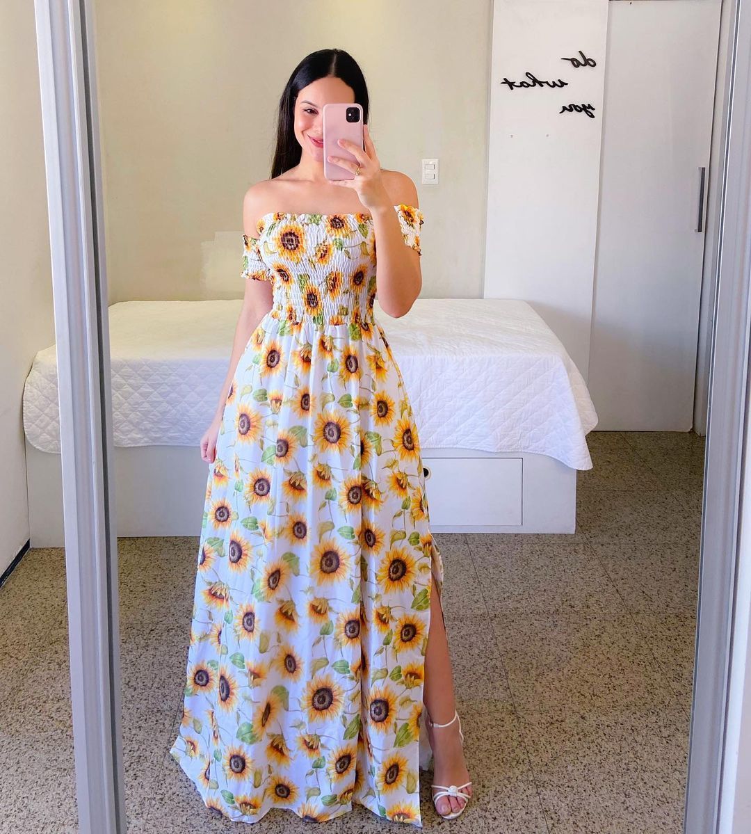 Off-shoulder Printed Butterfly Rainbow Dress - Sophinity