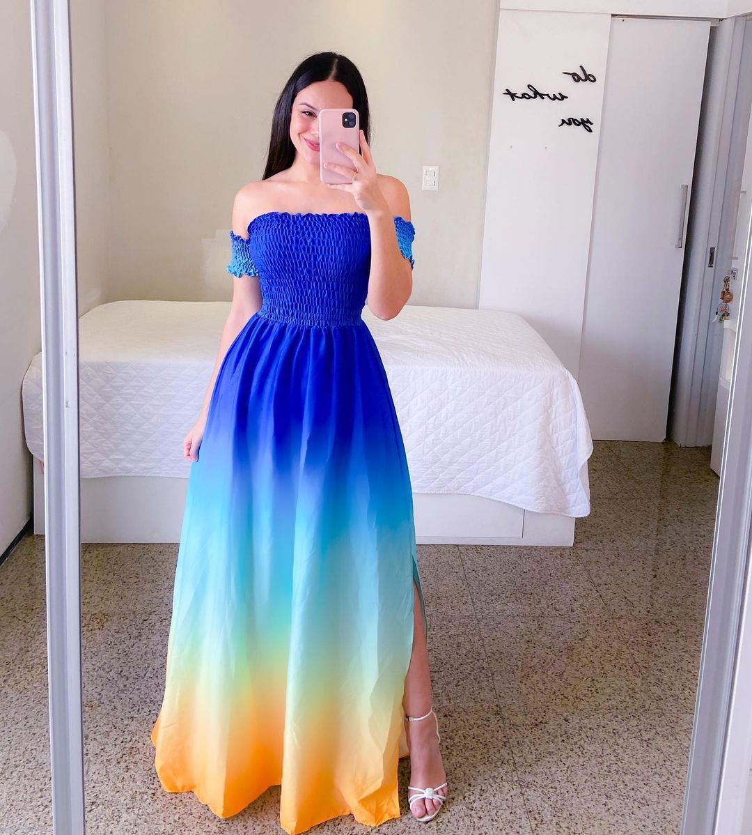 Off-shoulder Printed Butterfly Rainbow Dress - Sophinity
