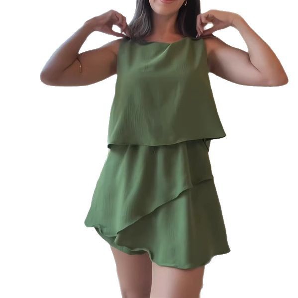 Solid Color Summer Elegance Sleeveless Top Round Neck Stitching One-piece Culotte