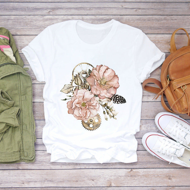 Women T-shirts Cartoon Bee Flower 90s Cute Fashion Short - Sophinity
