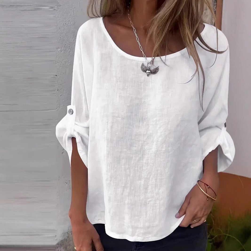 Solid Color Round Neck Casual Fashion Simple Design Women's Elegant Shirt