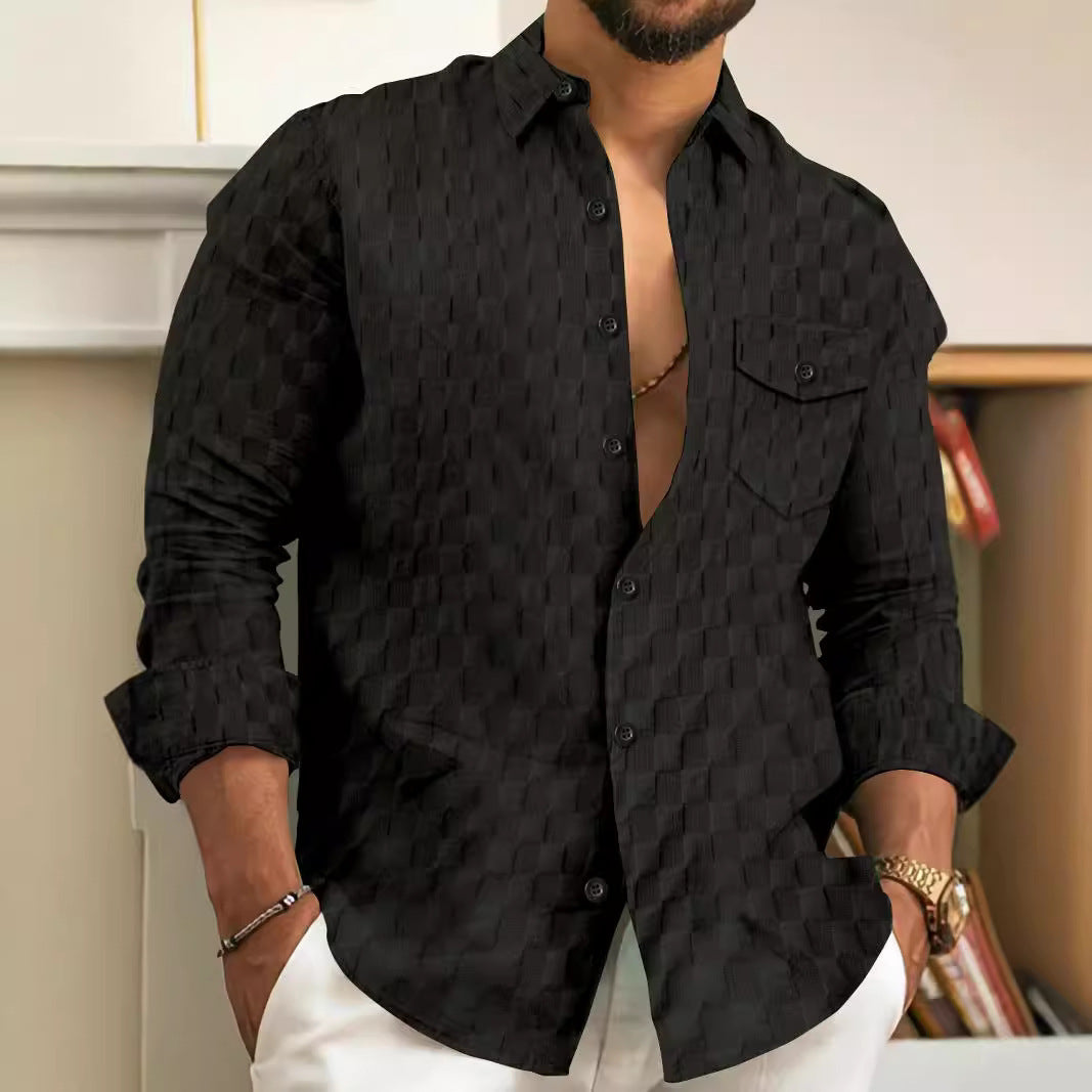 Men's Plaid Jacquard Chest Pocket Lapels Long Sleeve Lapel Shirt - Sophinity
