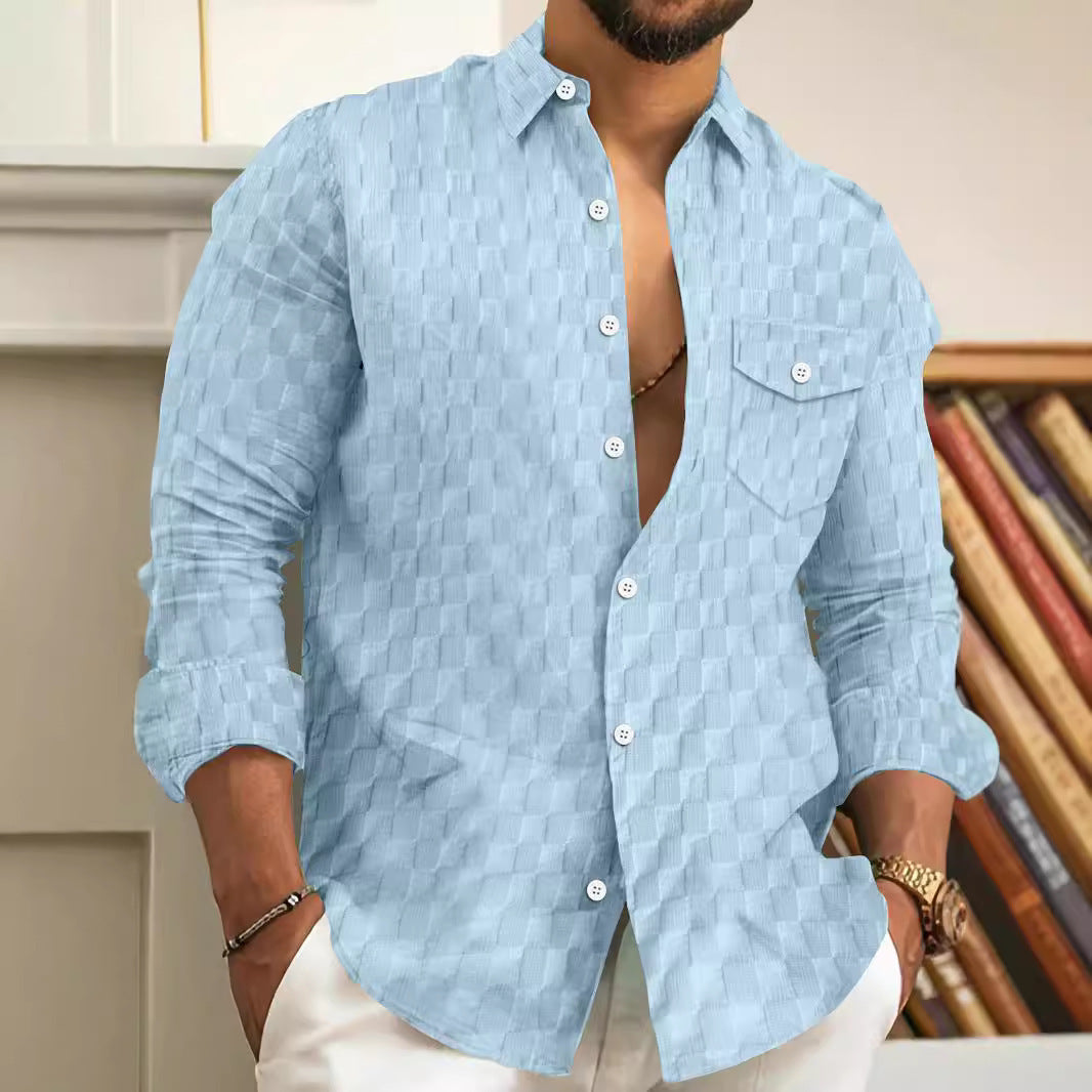 Men's Plaid Jacquard Chest Pocket Lapels Long Sleeve Lapel Shirt - Sophinity