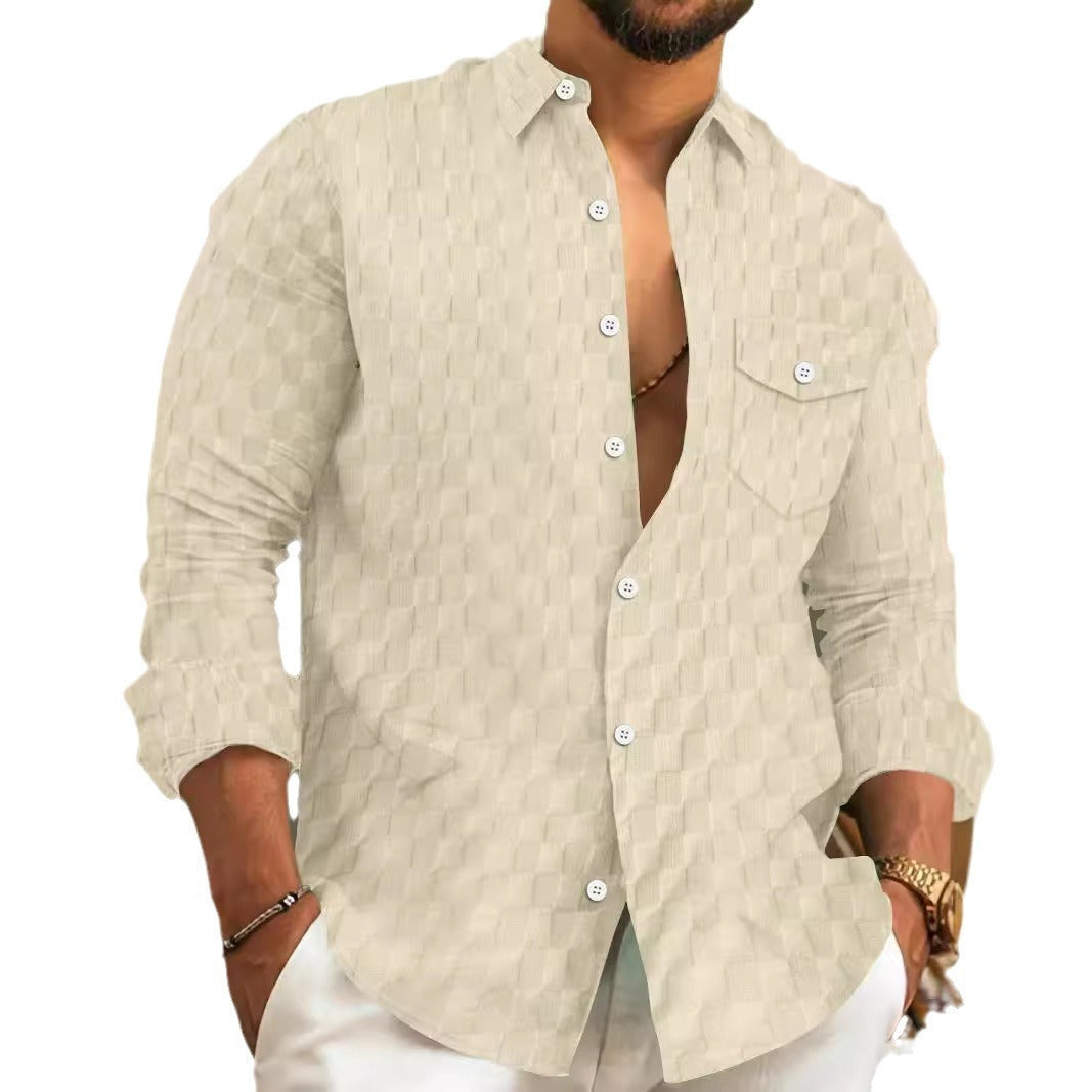 Men's Plaid Jacquard Chest Pocket Lapels Long Sleeve Lapel Shirt - Sophinity