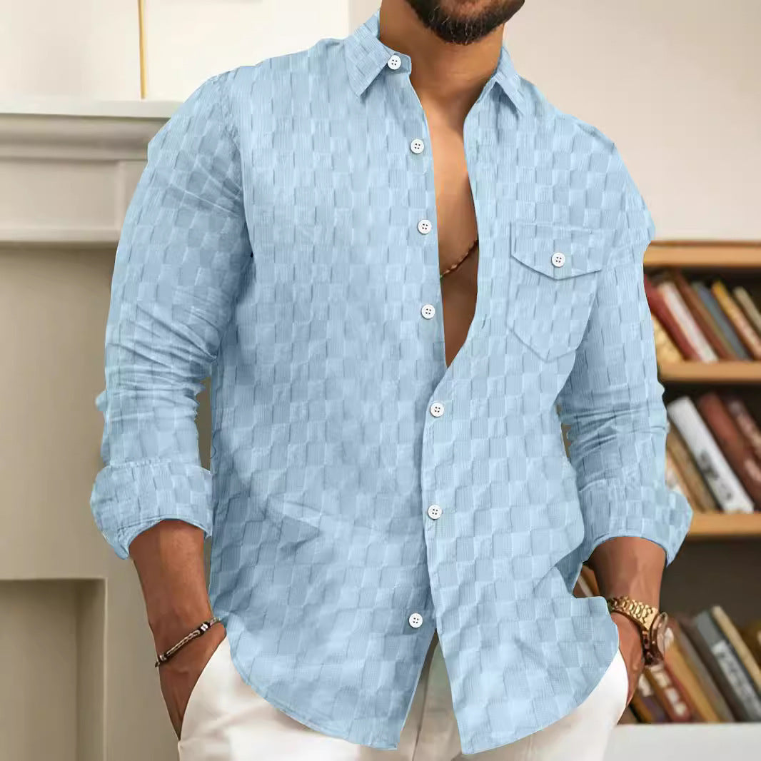 Men's Plaid Jacquard Chest Pocket Lapels Long Sleeve Lapel Shirt - Sophinity