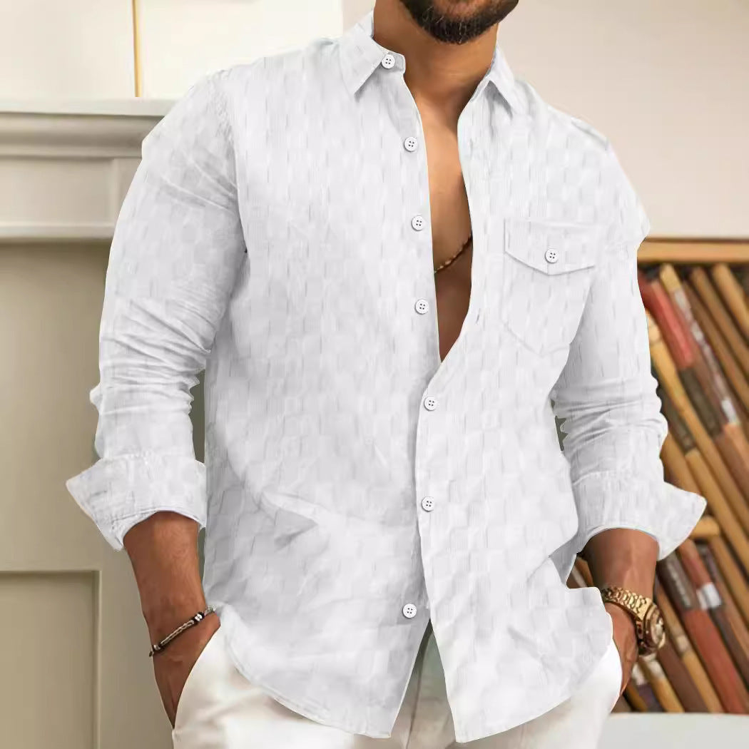 Men's Plaid Jacquard Chest Pocket Lapels Long Sleeve Lapel Shirt - Sophinity