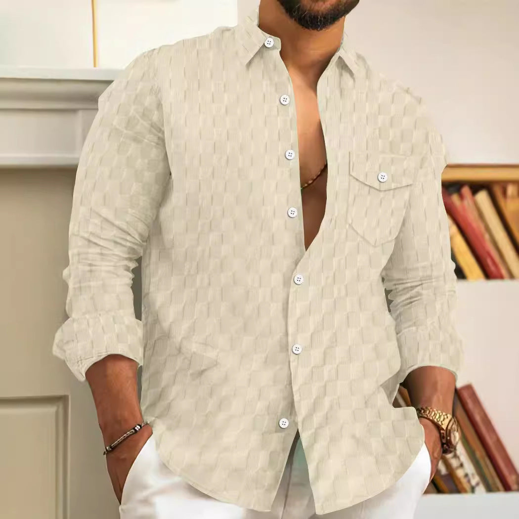 Men's Plaid Jacquard Chest Pocket Lapels Long Sleeve Lapel Shirt - Sophinity