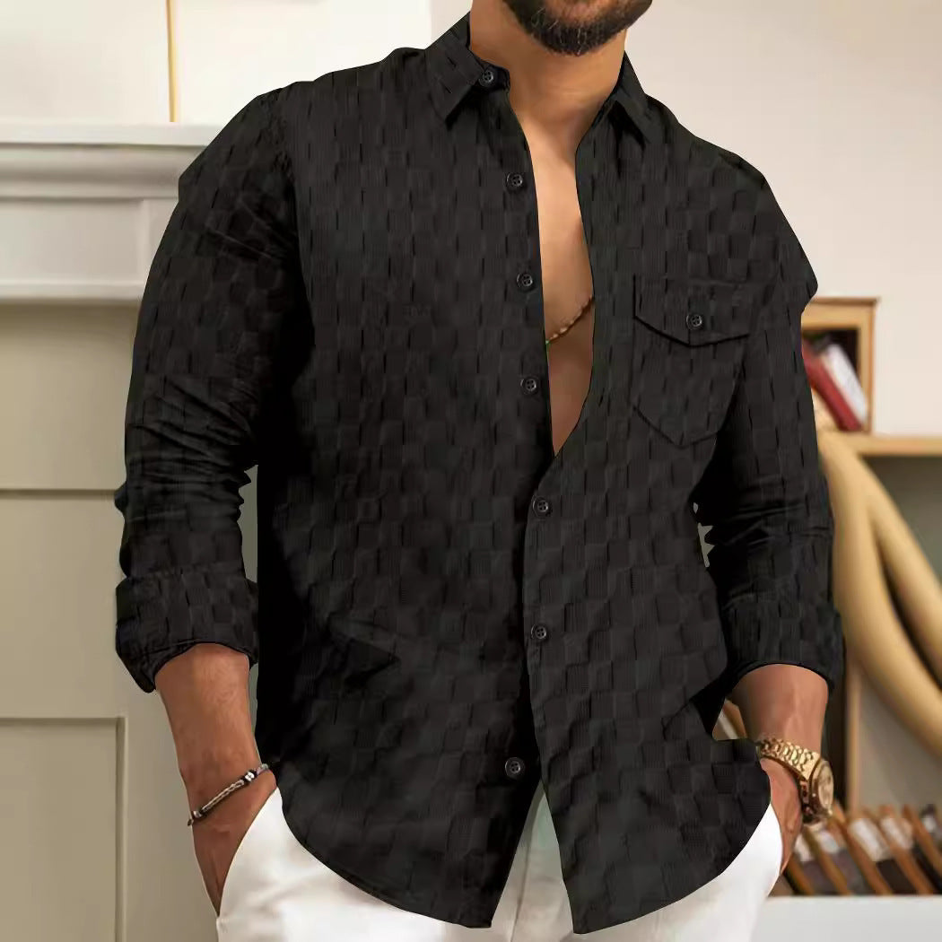 Men's Plaid Jacquard Chest Pocket Lapels Long Sleeve Lapel Shirt - Sophinity