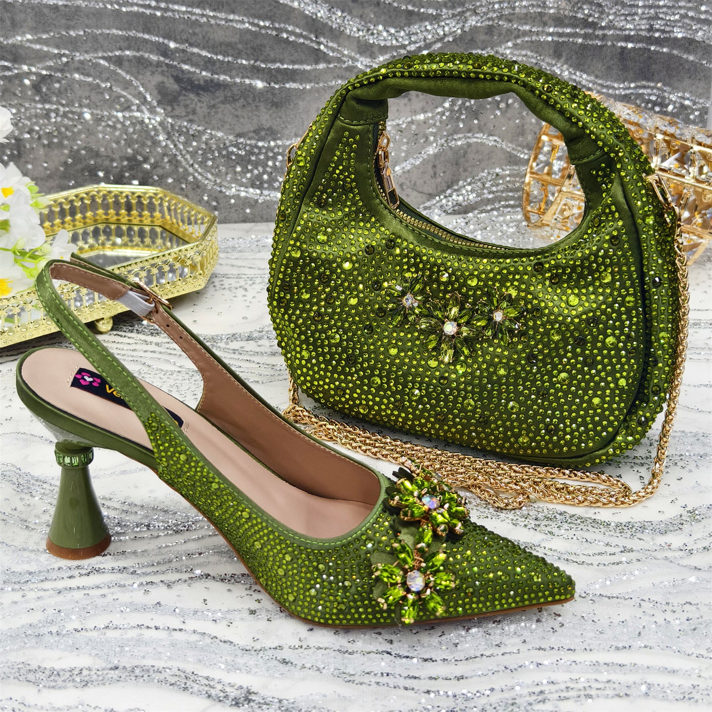 Pointed Toe High Heel Rhinestone Flower Shoes With Handbag Soft - Sophinity