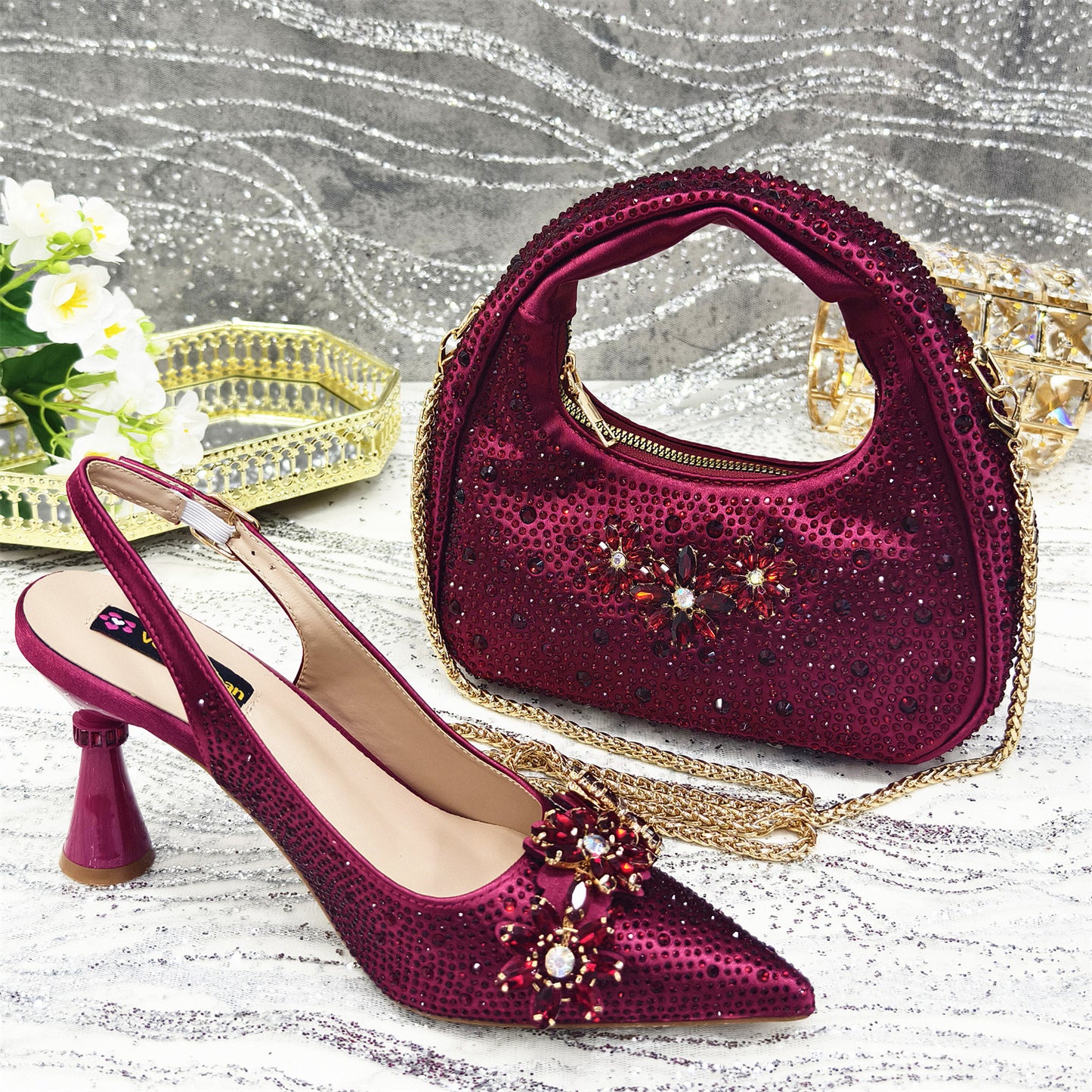 Pointed Toe High Heel Rhinestone Flower Shoes With Handbag Soft - Sophinity