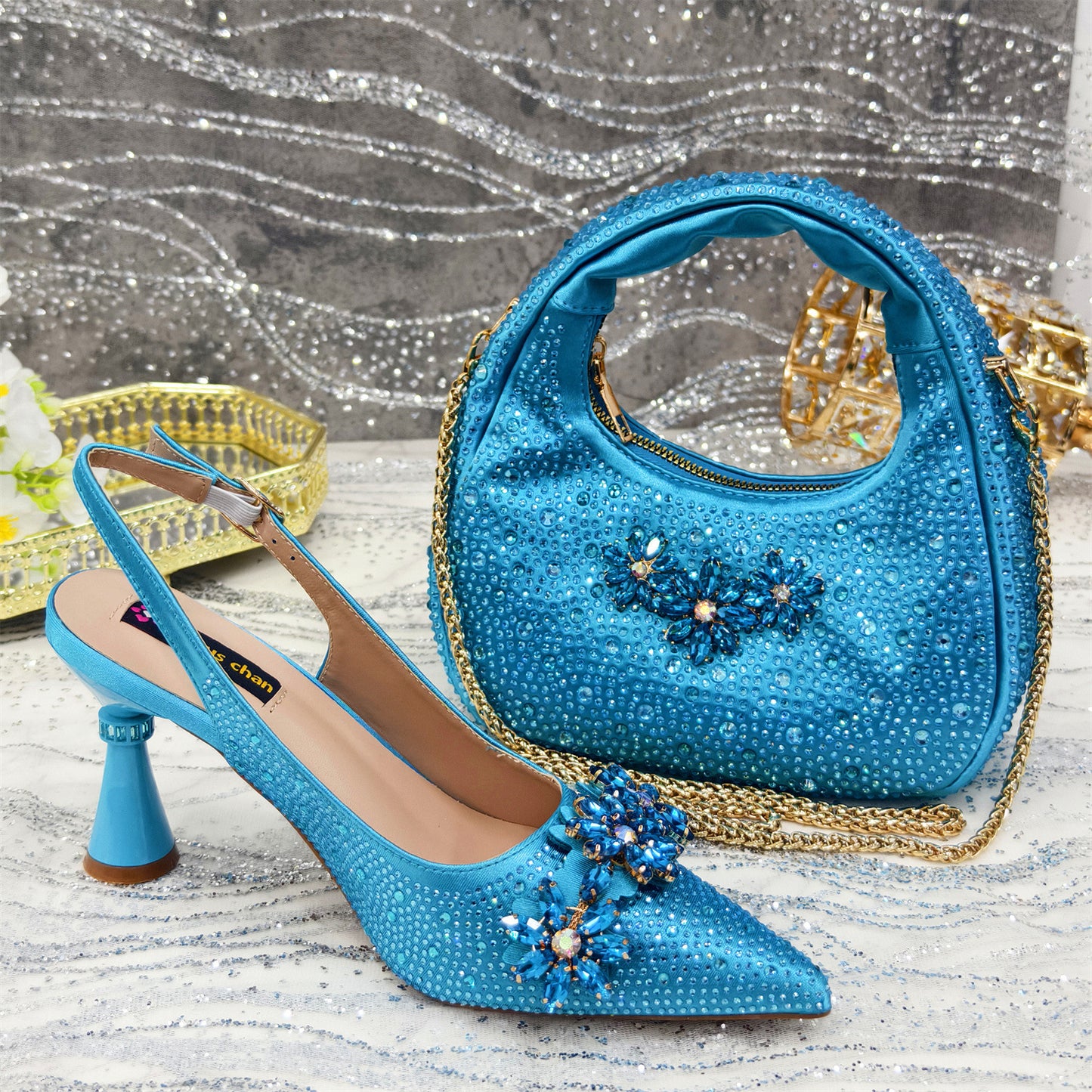 Pointed Toe High Heel Rhinestone Flower Shoes With Handbag Soft - Sophinity